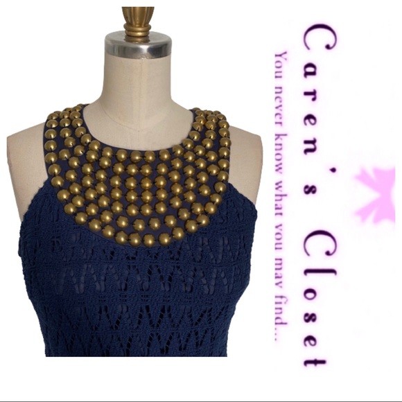 Trina Turk Navy Crochet. Boho Studded Tank Top - Picture 3 of 6